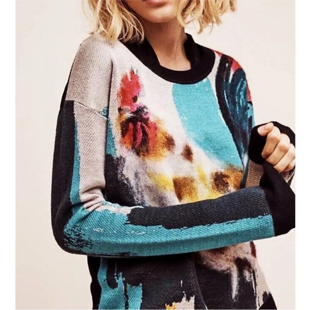 Anthropologie Womens Rooster Sweater Artwork Lauren C Walcott Small - Picture 9 of 15
